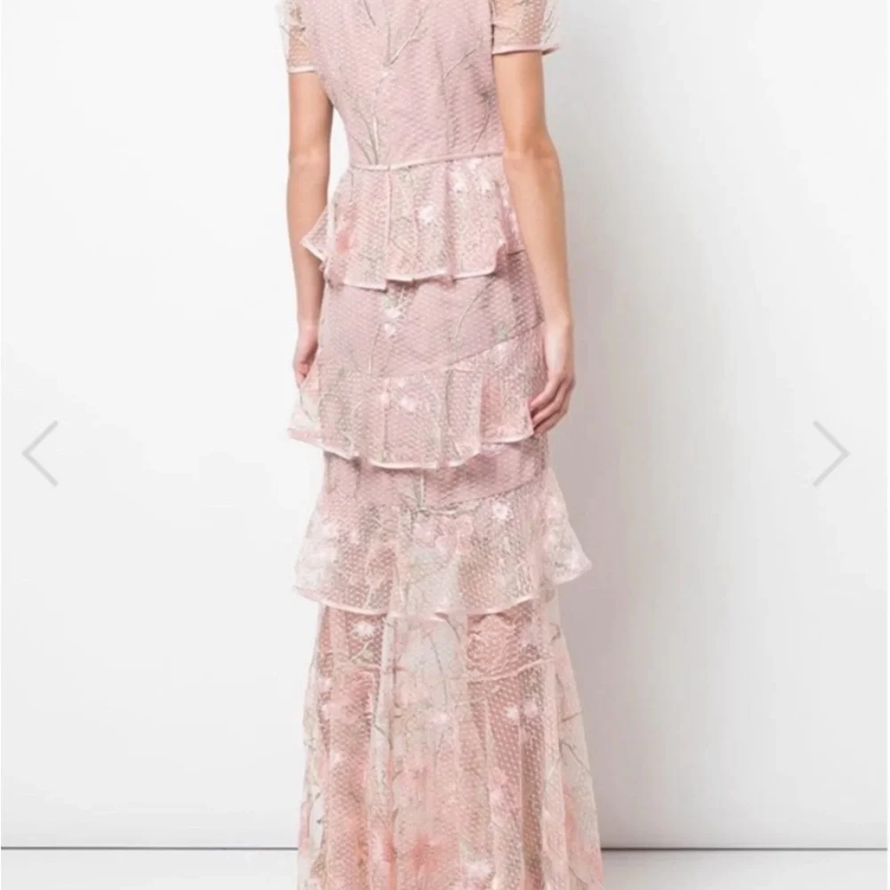 Marchesa Notte Tiered Ruffle Floral Lace Gown - Picture 3 of 6